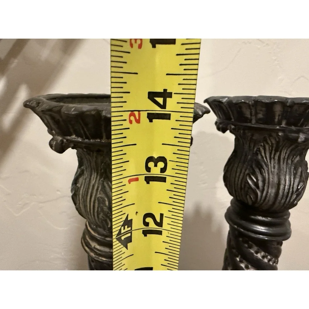 Pair Of Vintage Carved Black‎ Distressed Candle Pillars Holders 14